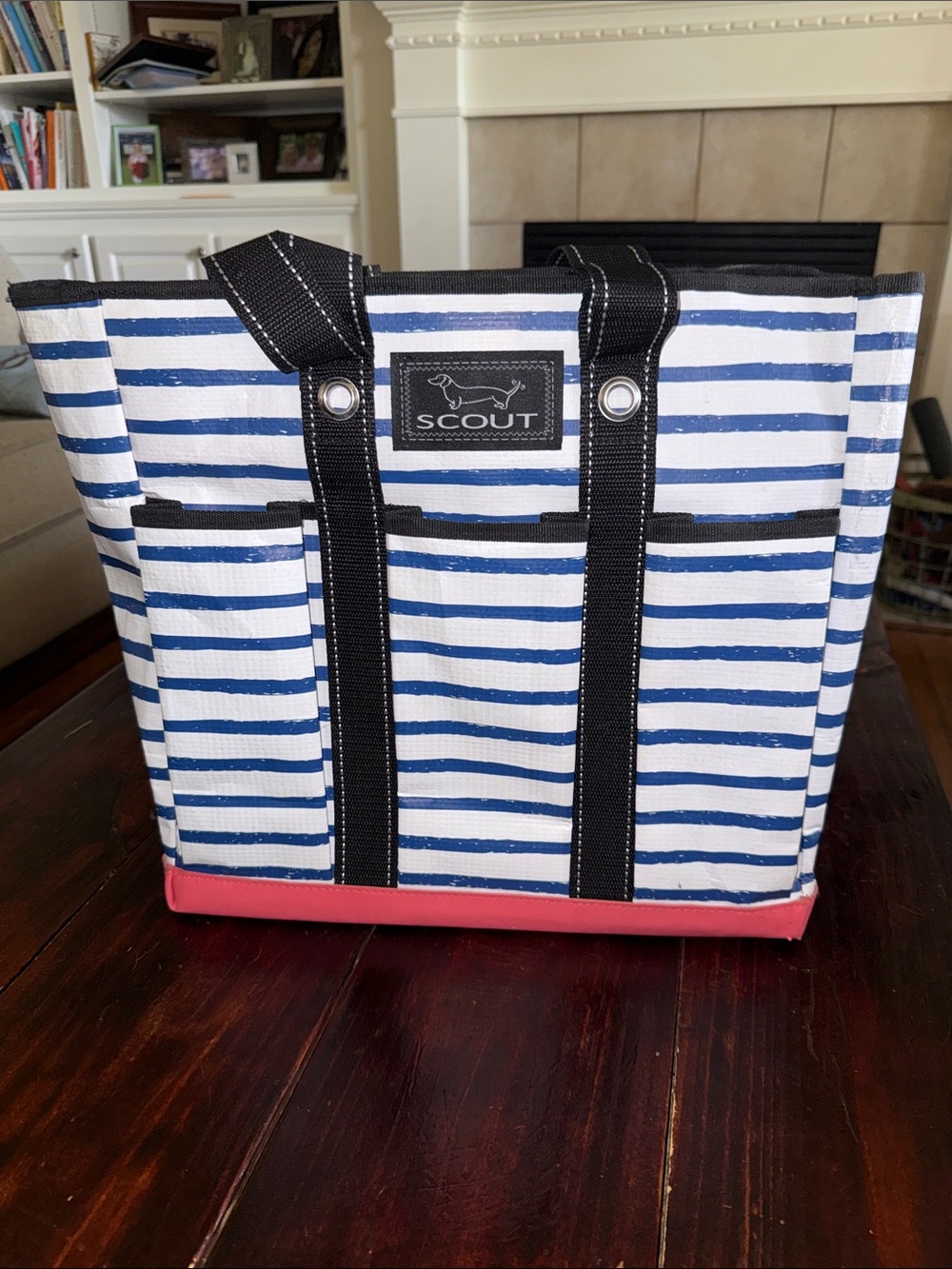 Scout Blue & White Striped Tote with Coral Base